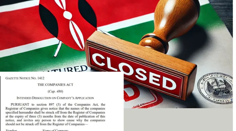 government document with a red 'CLOSED' stamp, symbolizing the shutdown of 77 companies in Kenya